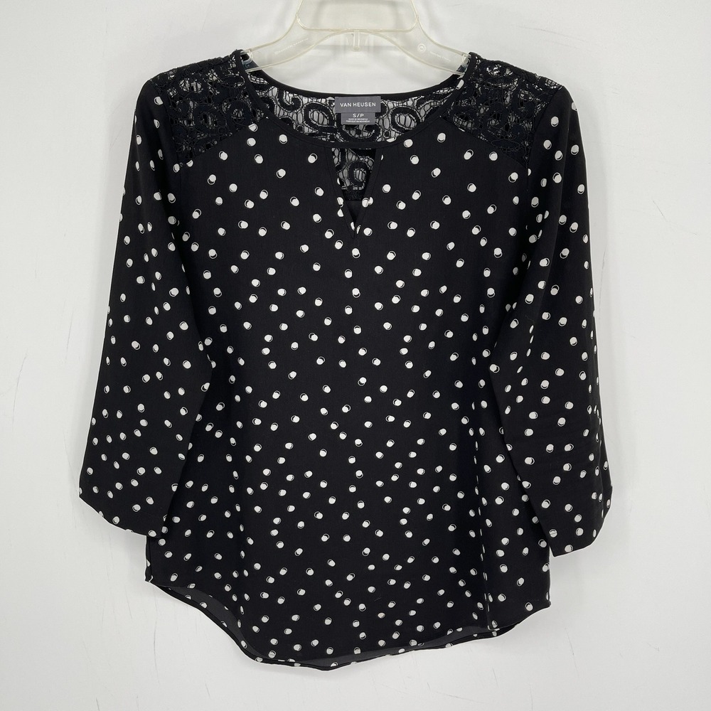 Van Heusen Women's Black Polka Dot Lace Yoke Blouse Size Small Petite